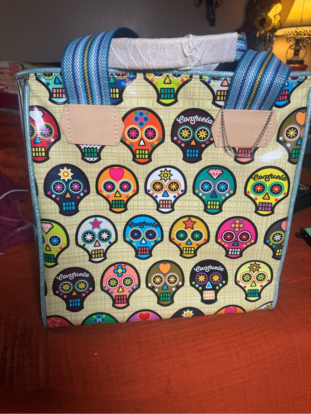 Consuela Beige Sugar Skull Tote with Blue Striped Handles